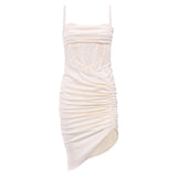 front view of a white ruched satin dress with a lace bodice and asymmetrical hem