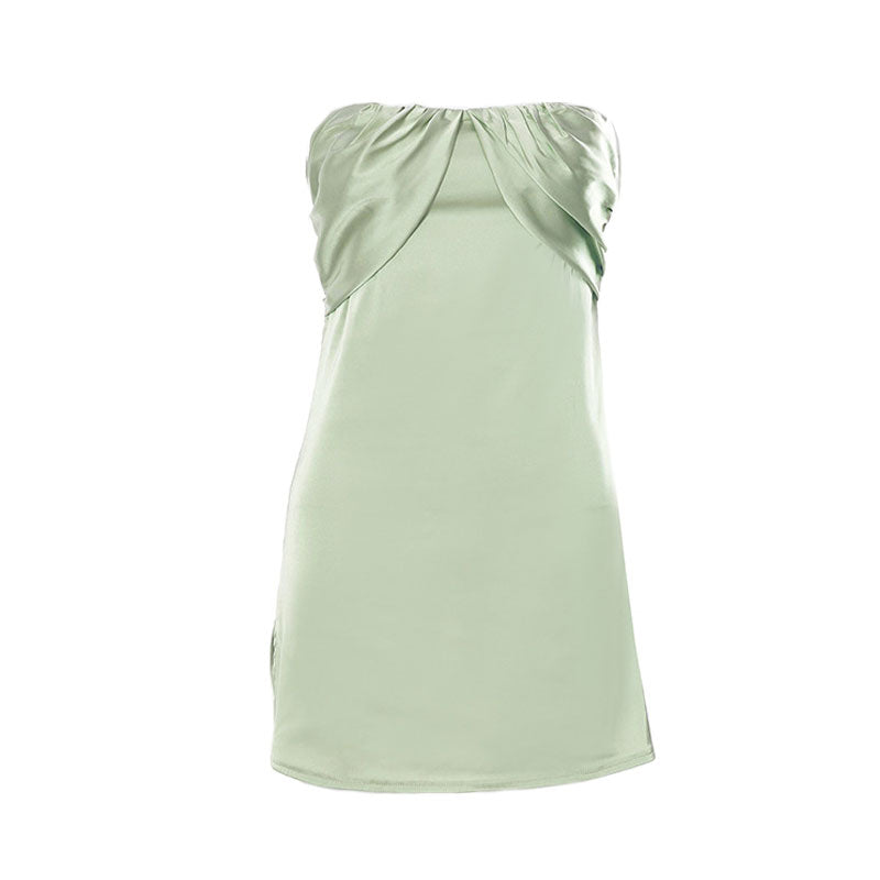 light green satin strapless mini dress