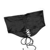 black satin corset with lace-up detailing