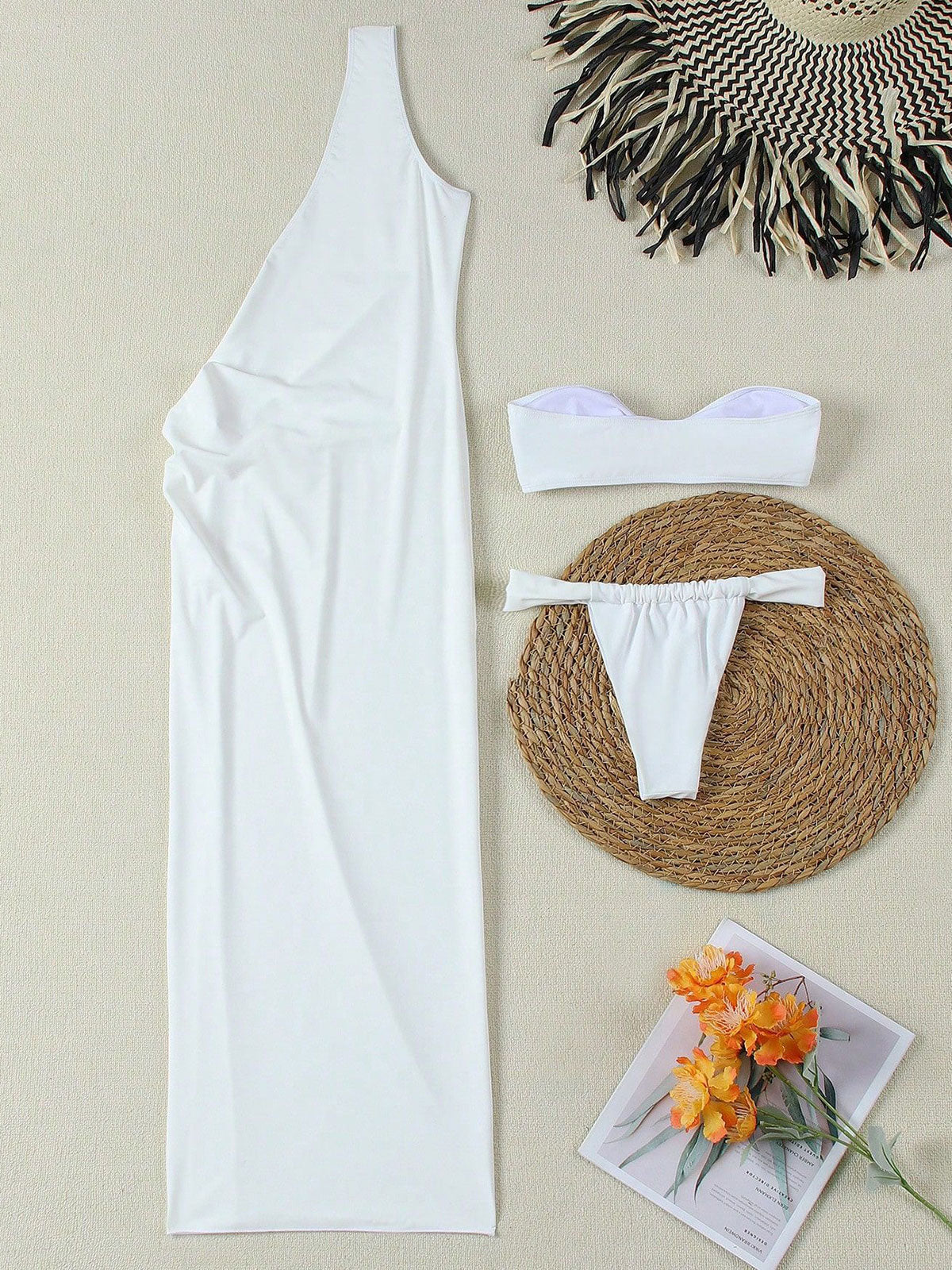 women's elegant swimsuit set with draped one-shoulder cover-up and gold trim - View 6 | Lwiis