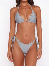 Grey bikini top and bottom with grommet detail, front view