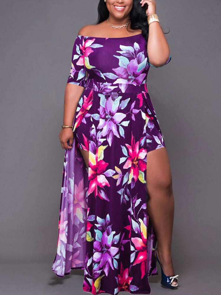 Floral print maxi dress with off-shoulder neckline and high leg slit - View 8 | Lwiis