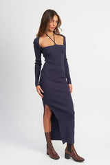Halter neck maxi dress with high slit and matching bolero - View 9 | Lwiis