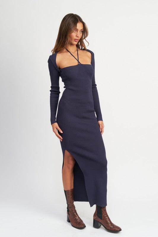 Halter neck maxi dress with high slit and matching bolero - View 9 | Lwiis