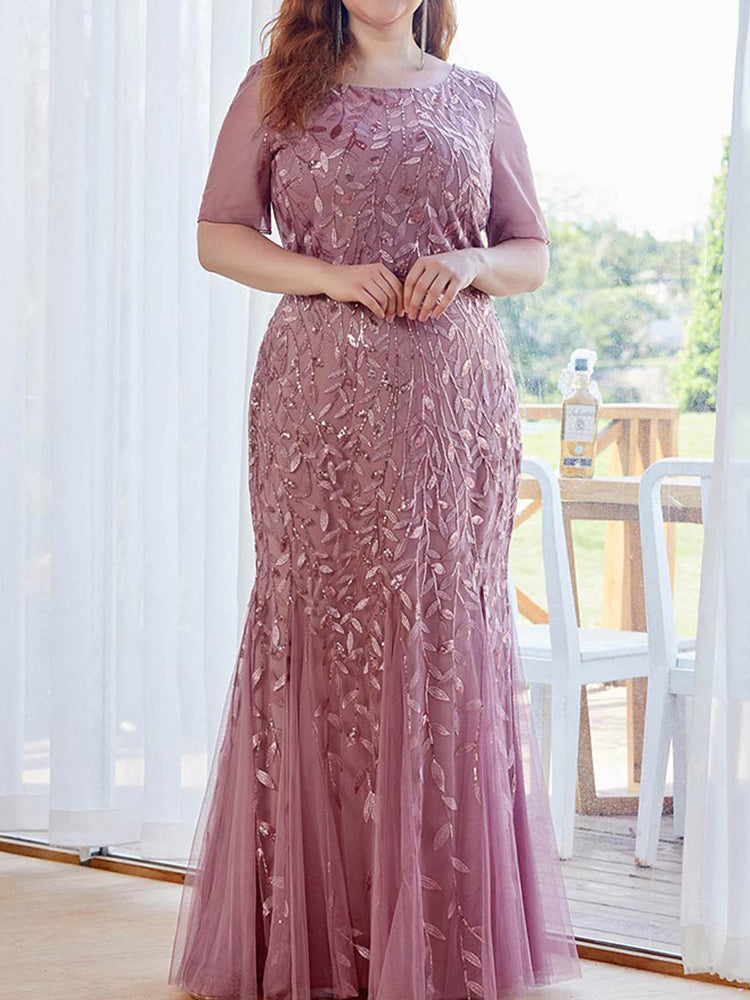 Sequin leaf pattern mermaid maxi dress with scoop neck - View 6 | Lwiis