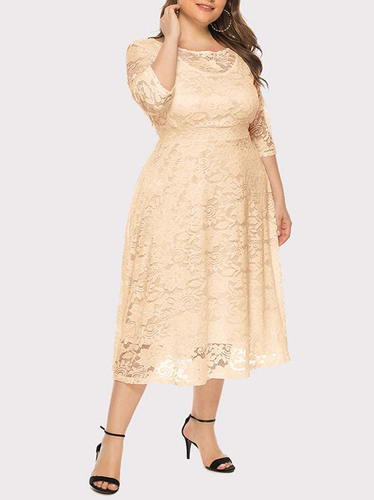 Plus size beige lace midi dress with three-quarter sleeves