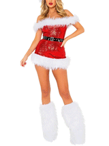 Full body shot of a woman in a red sequined Santa-style dress with white leg warmers