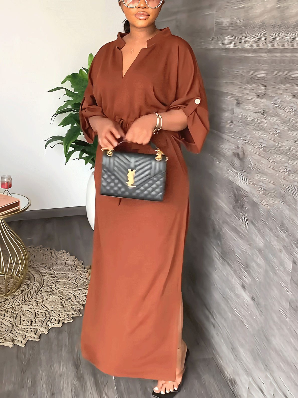 V-neck drawstring maxi dress - View 12 | Lwiis
