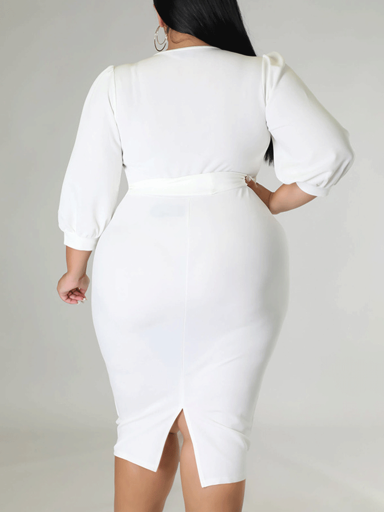 Solid V-Neck Midi Dress - View 7 | Lwiis