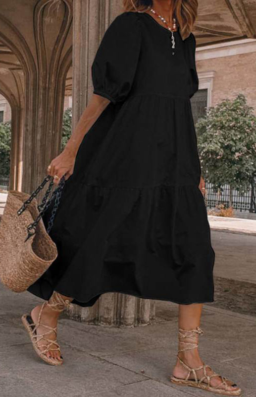Cotton blend midi dress with puff sleeves - View 18 | Lwiis