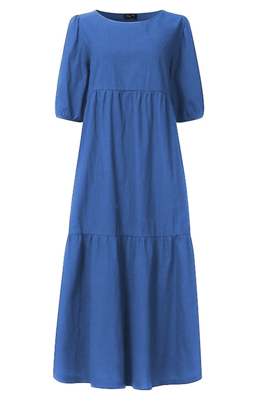 Front view of a blue tiered midi dress with puff sleeves