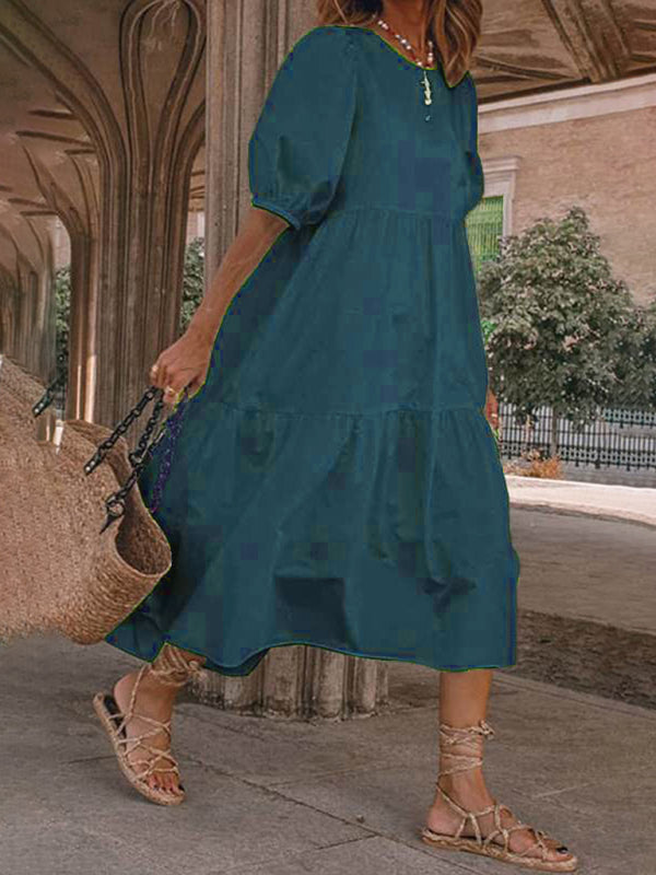 Cotton blend midi dress with puff sleeves - View 20 | Lwiis