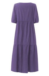 Back view of a purple tiered midi dress with puff sleeves