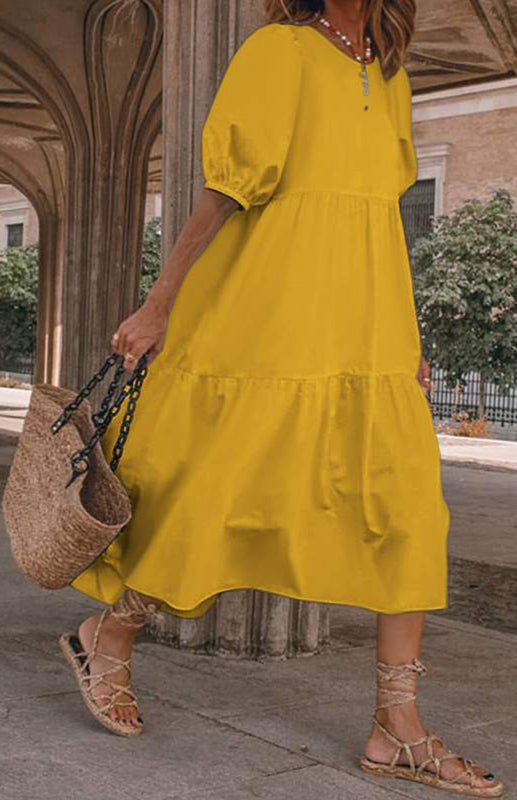 Cotton blend midi dress with puff sleeves - View 17 | Lwiis