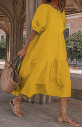 Cotton blend midi dress with puff sleeves - View 17 | Lwiis