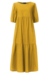 Cotton blend midi dress with puff sleeves - View 7 | Lwiis