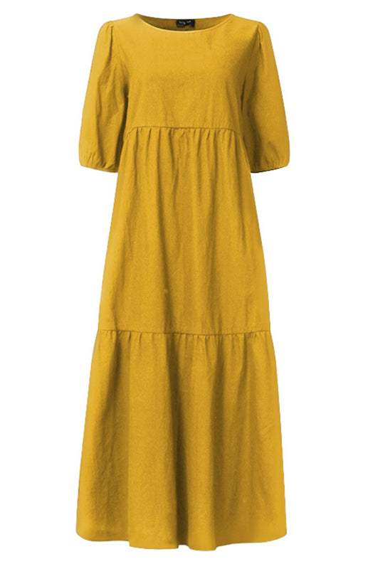Cotton blend midi dress with puff sleeves - View 7 | Lwiis