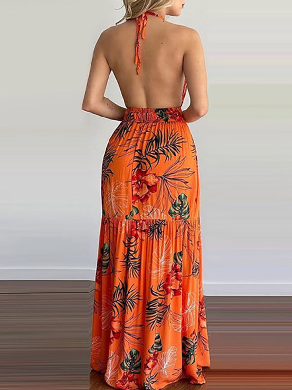 Floral print halter neck maxi dress - View 10 | Lwiis
