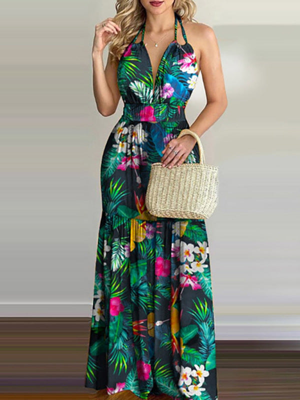 Floral print halter neck maxi dress - View 24 | Lwiis