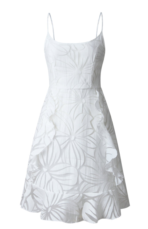 Product image of a white floral jacquard mini dress with spaghetti straps and tiered ruffles.