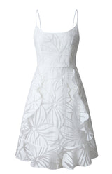 Product image of a white floral jacquard mini dress with spaghetti straps and tiered ruffles.