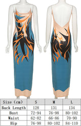 Blue abstract print satin maxi dress with spaghetti straps - View 6 | Lwiis