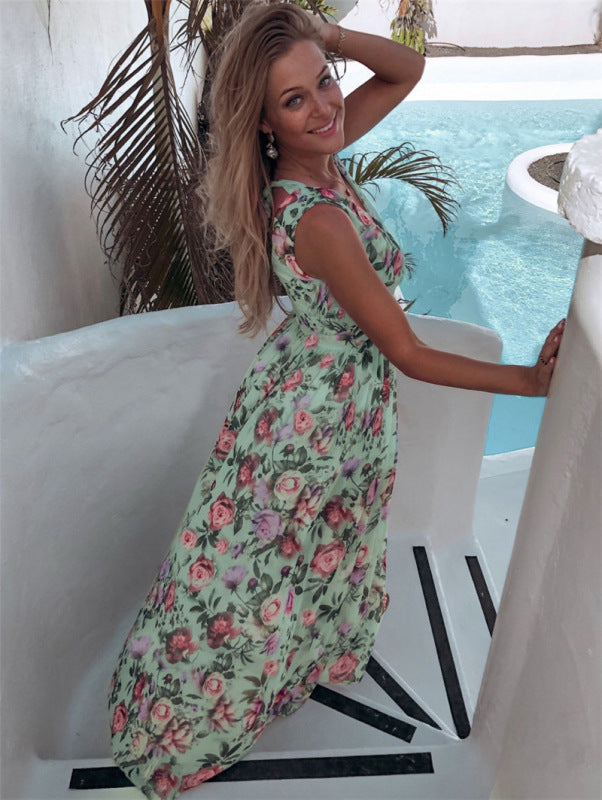 Elegant floral print chiffon maxi dress with V-neck and high slit - View 8 | Lwiis