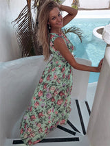 Elegant floral print chiffon maxi dress with V-neck and high slit - View 8 | Lwiis