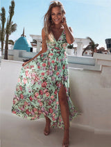 Elegant floral print chiffon maxi dress with V-neck and high slit - View 12 | Lwiis