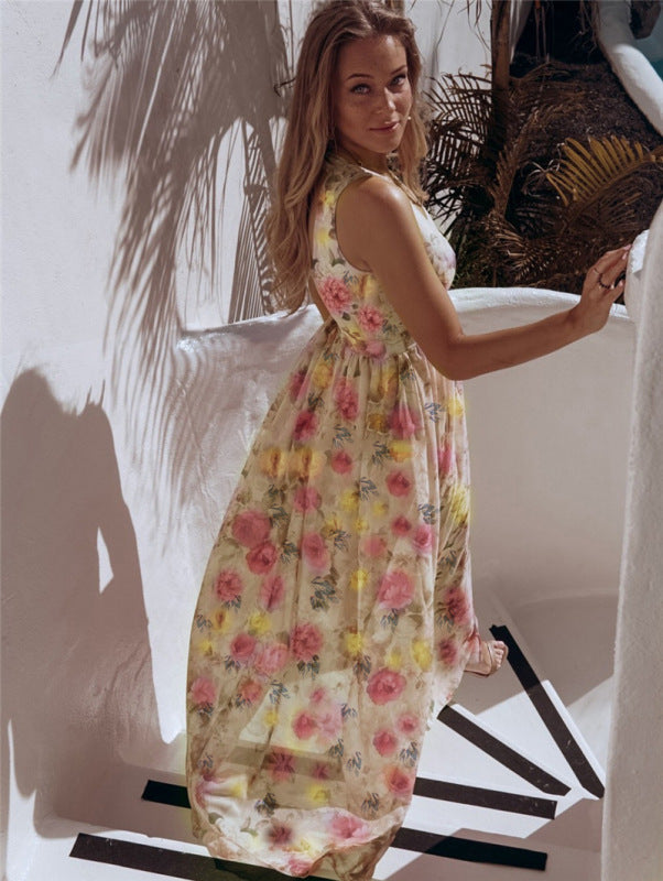Elegant floral print chiffon maxi dress with V-neck and high slit - View 6 | Lwiis