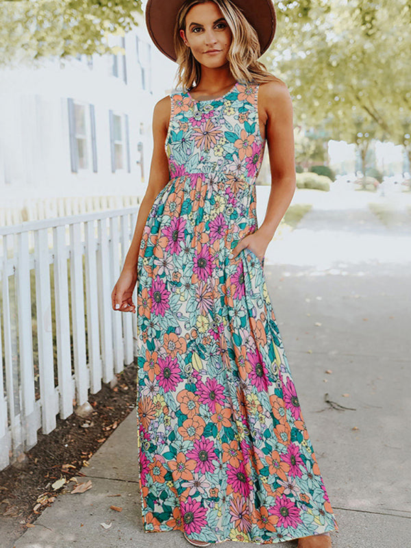Close-up of the floral print on a sleeveless maxi dress