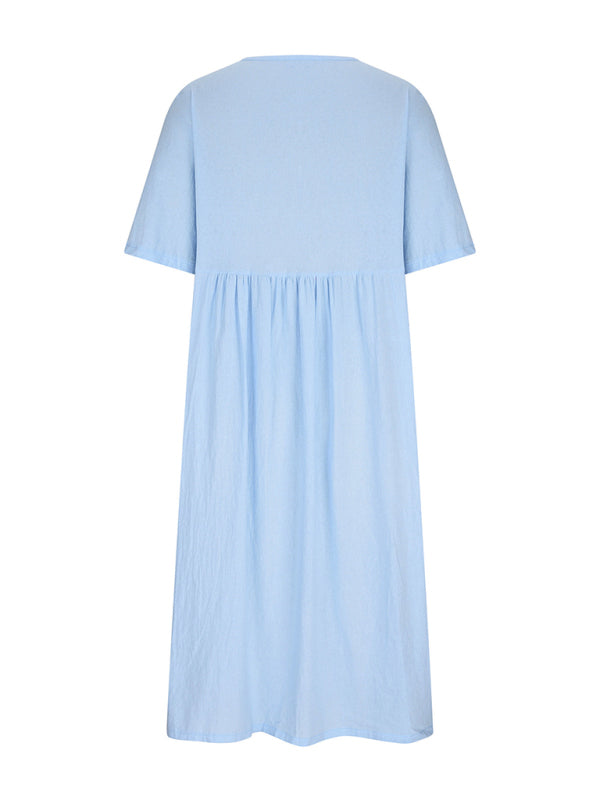 light blue midi dress with short sleeves and a round neckline, back view