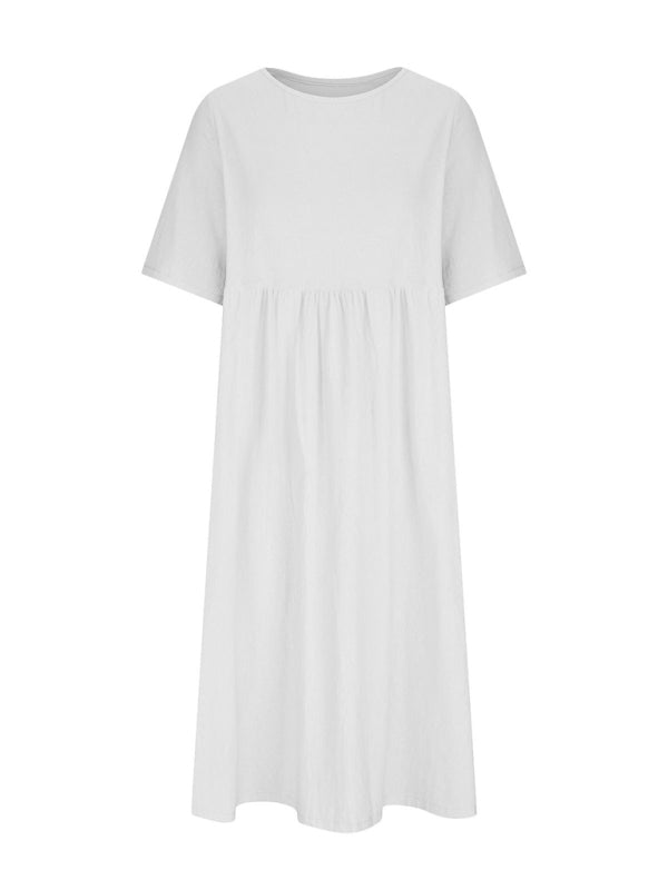 white midi dress with short sleeves and a round neckline, front view