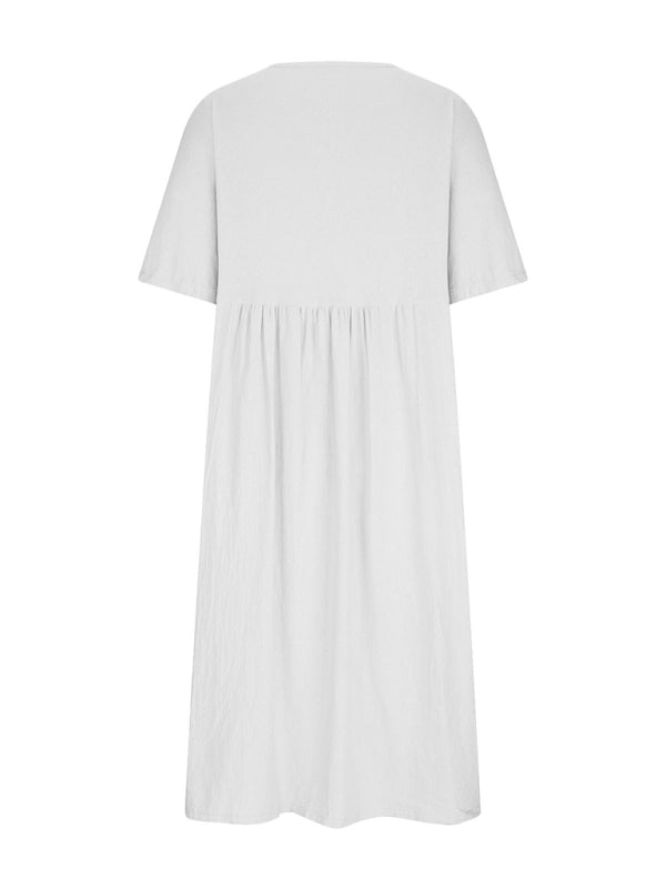white midi dress with short sleeves and a round neckline, back view