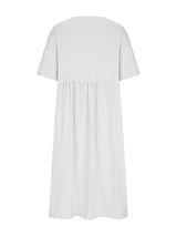 white midi dress with short sleeves and a round neckline, back view