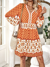 Bohemian floral print midi dress with tiered skirt and bell sleeves - View 19 | Lwiis