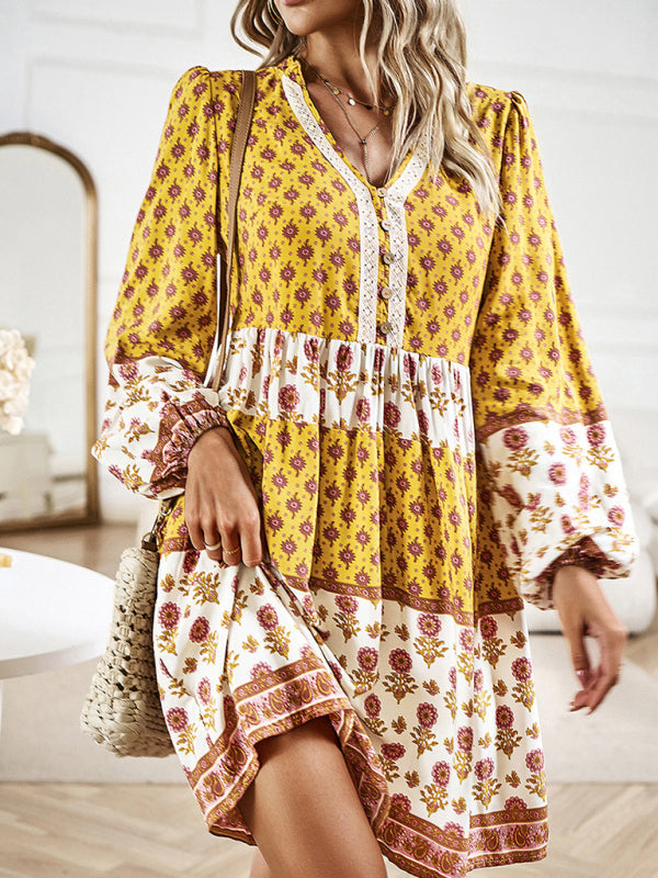 Bohemian floral print midi dress with tiered skirt and bell sleeves - View 7 | Lwiis
