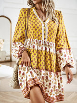 Bohemian floral print midi dress with tiered skirt and bell sleeves - View 7 | Lwiis
