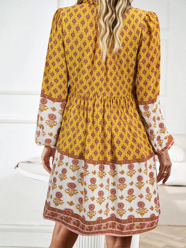 Bohemian floral print midi dress with tiered skirt and bell sleeves - View 9 | Lwiis