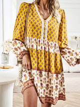 Bohemian floral print midi dress with tiered skirt and bell sleeves - View 6 | Lwiis