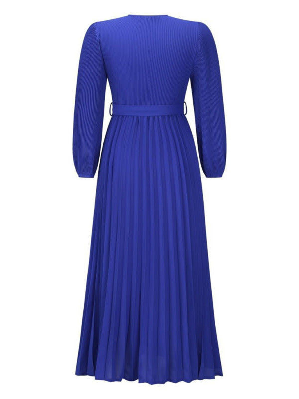 V-neck long-sleeved pleated A-line midi dress - View 8 | Lwiis