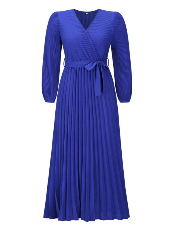 V-neck long-sleeved pleated A-line midi dress - View 7 | Lwiis