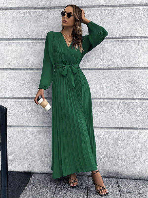 V-neck long-sleeved pleated A-line midi dress - View 15 | Lwiis