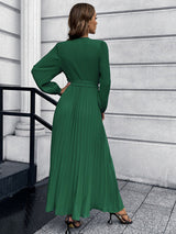 V-neck long-sleeved pleated A-line midi dress - View 16 | Lwiis