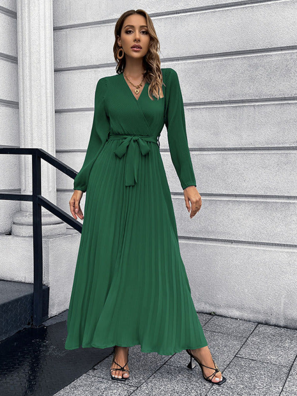 V-neck long-sleeved pleated A-line midi dress - View 19 | Lwiis