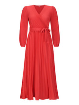 front view of a red pleated maxi dress with a tie waist