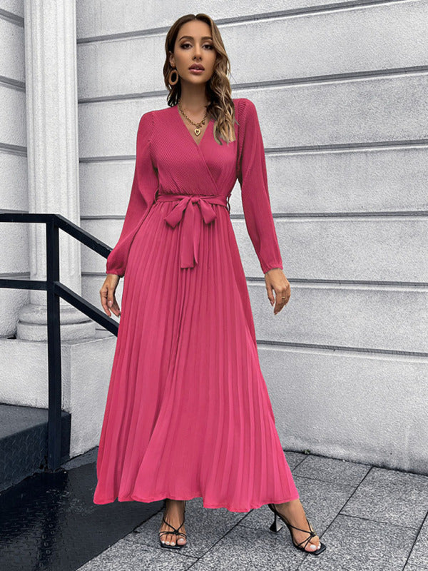 V-neck long-sleeved pleated A-line midi dress - View 18 | Lwiis