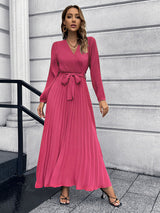 V-neck long-sleeved pleated A-line midi dress - View 18 | Lwiis