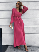 V-neck long-sleeved pleated A-line midi dress - View 11 | Lwiis