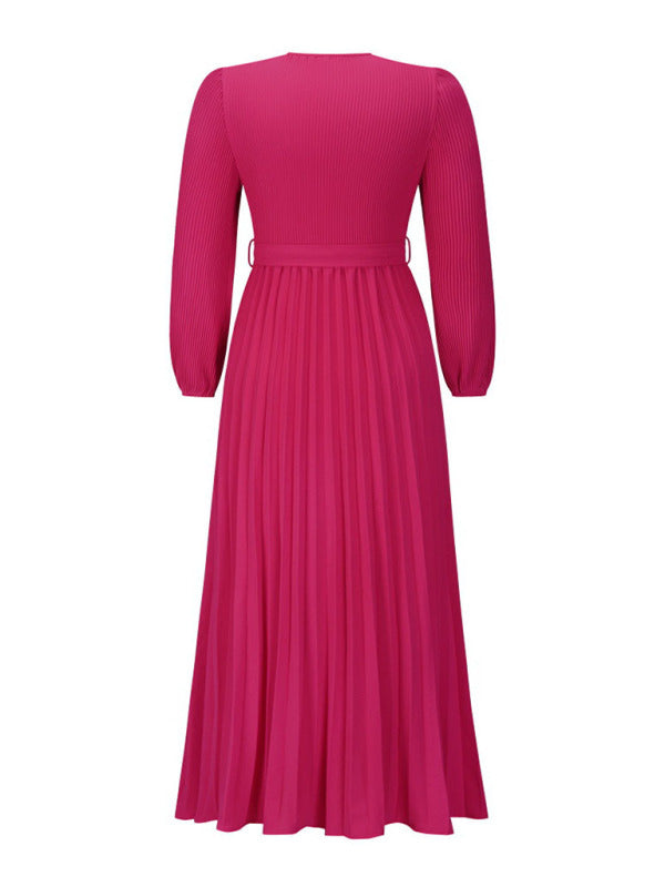 V-neck long-sleeved pleated A-line midi dress - View 10 | Lwiis